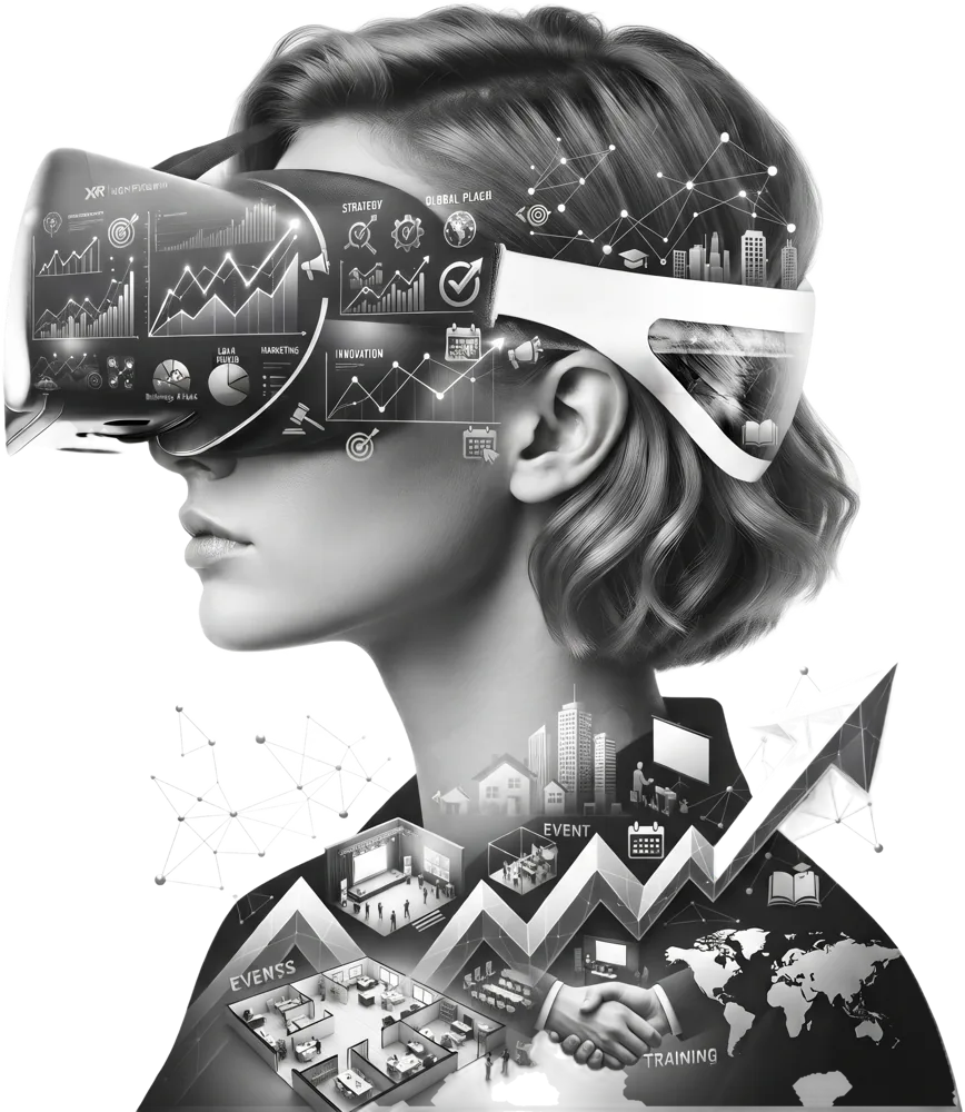 Executive wearing a VR headset, surrounded by strategy, marketing, events and training visuals